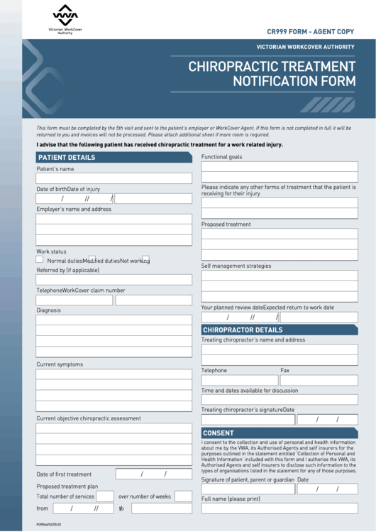 Chiropractic Treatment Notification Form Printable pdf