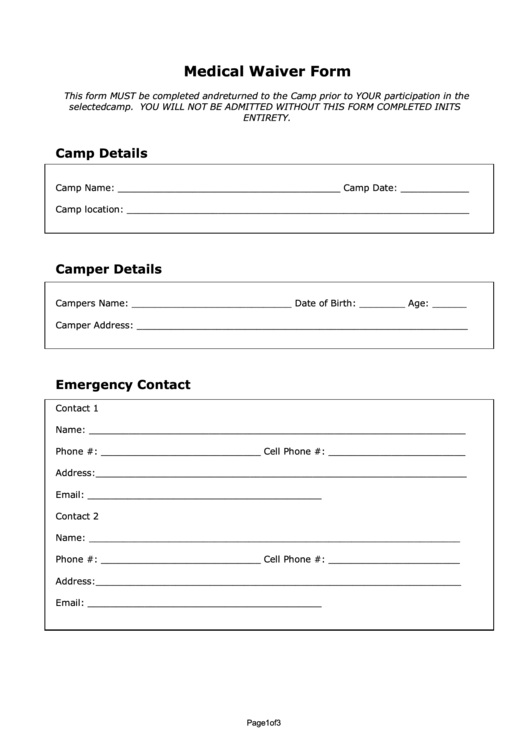 Medical Waiver Form Printable pdf