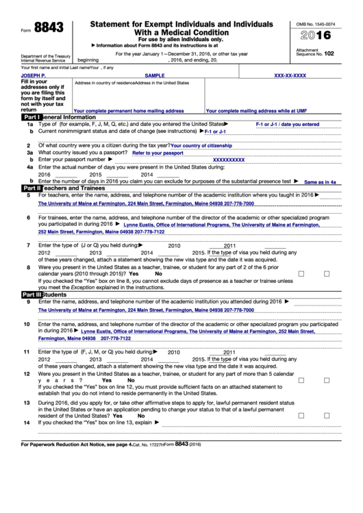 Fillable Form 8843 - Statement For Exempt Individuals And Individuals With A Medical Condition Printable pdf