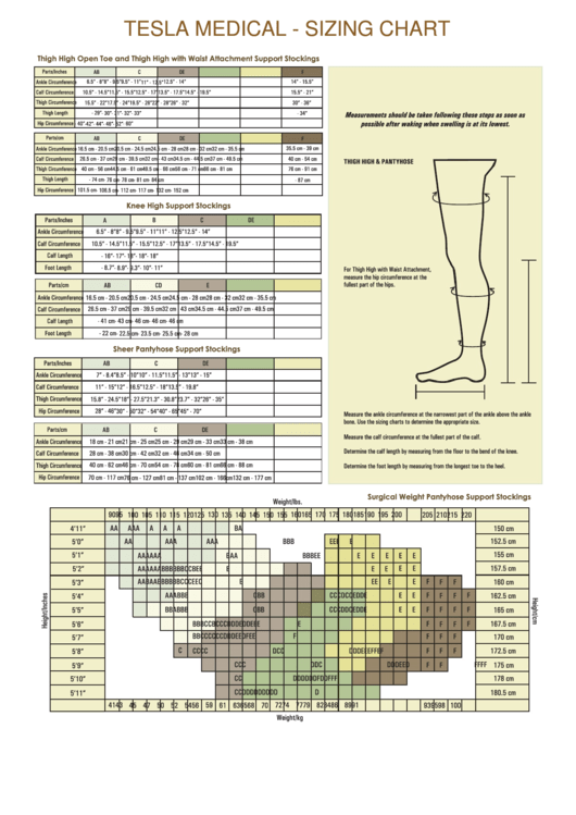Tesla Medical Sizing Chart printable pdf download