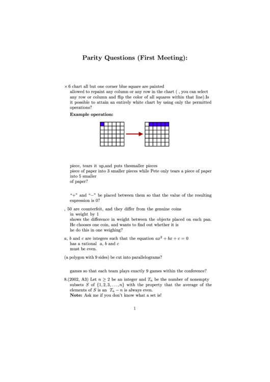 Parity Questions (First Meeting) Math Worksheet Printable pdf