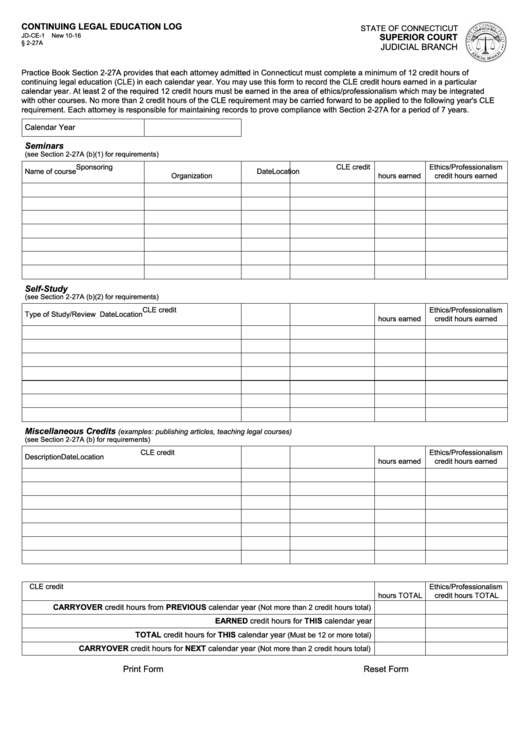 Fillable Continuing Legal Education Log - State Of Connecticut Superior Court Printable pdf