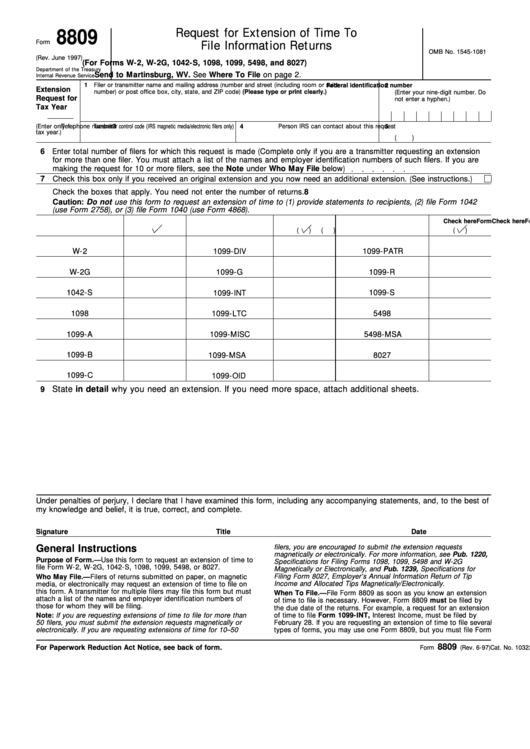 Form 8809 - Request For Extension Of Time To File Information Returns Printable pdf