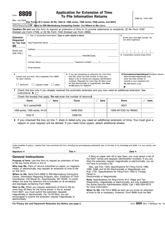 Fillable Form 8809 - Application For Extension Of Time To File Information Returns Printable pdf
