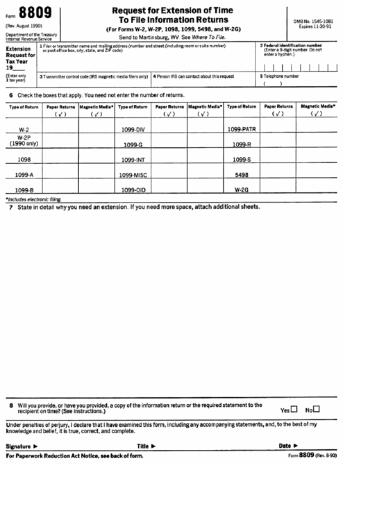 Form 8809 - Request For Extension Of Time To File Information Returns Printable pdf