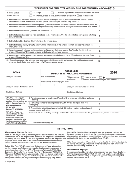 Employee Withholding Agreement Form Wt-4a