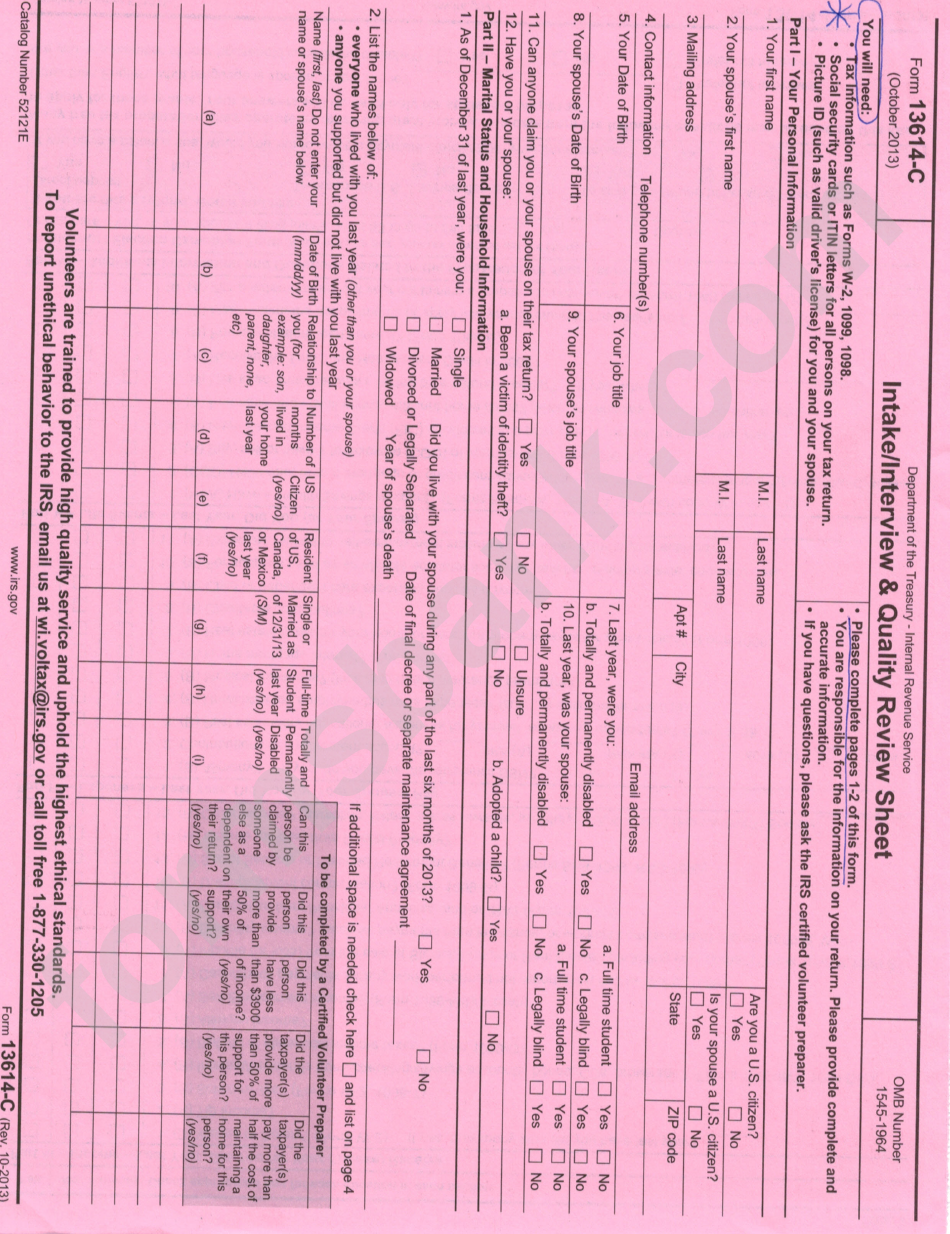 Intake / Interview And Quality Review Sheet - Form 13614-C