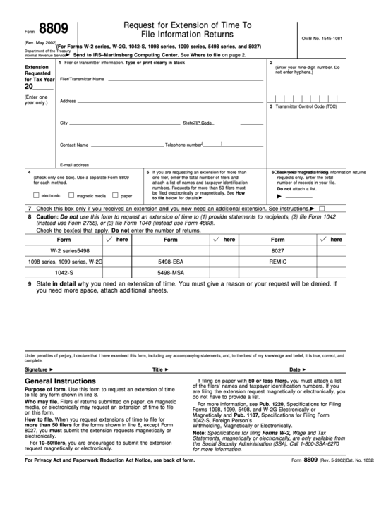 Form 8809 - Application For Extension Of Time To File Information Returns Printable pdf