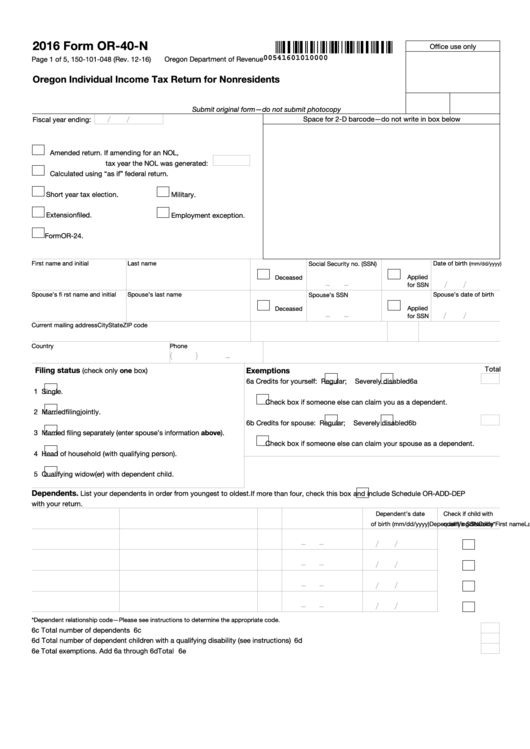 Form Or-40-N - Oregon Income Tax Return For Nonresidents - 2016 Printable pdf