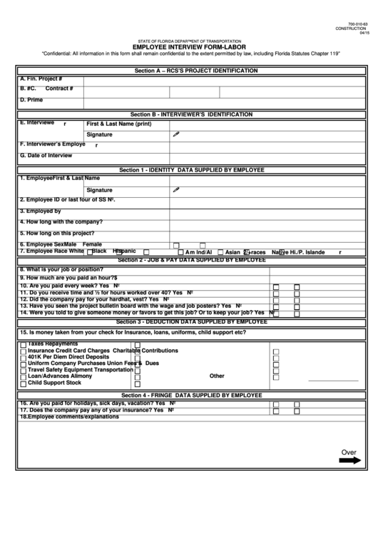 Employee Interview Form - Labor Printable pdf