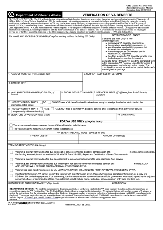 Fillable Va Form 26-8937 - Verification Of Va Benefits Printable pdf