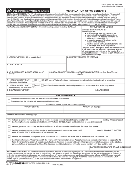 Verification Of Va Benefits Form 26-8937 Printable pdf