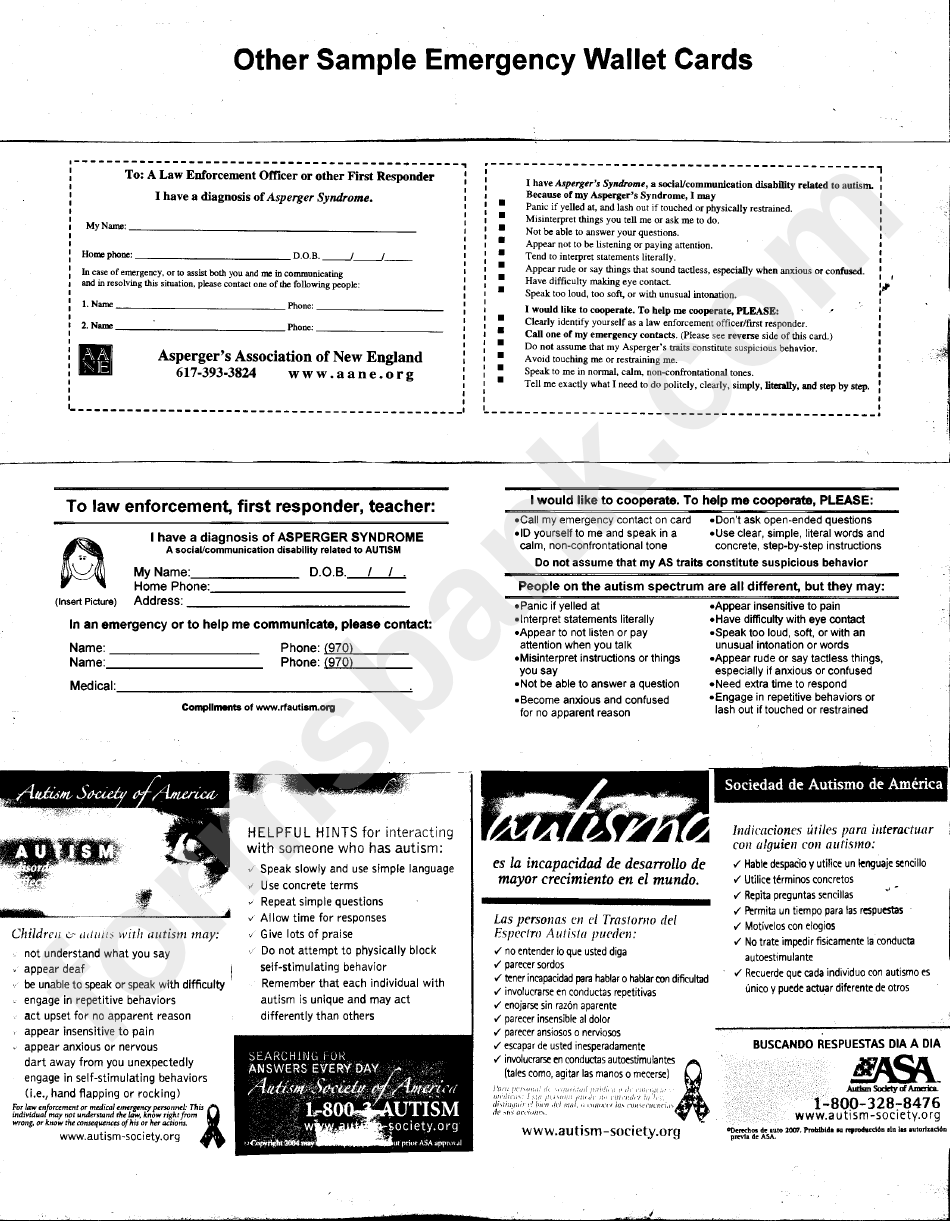 Sample Emergency Id Card For A Person With Autism