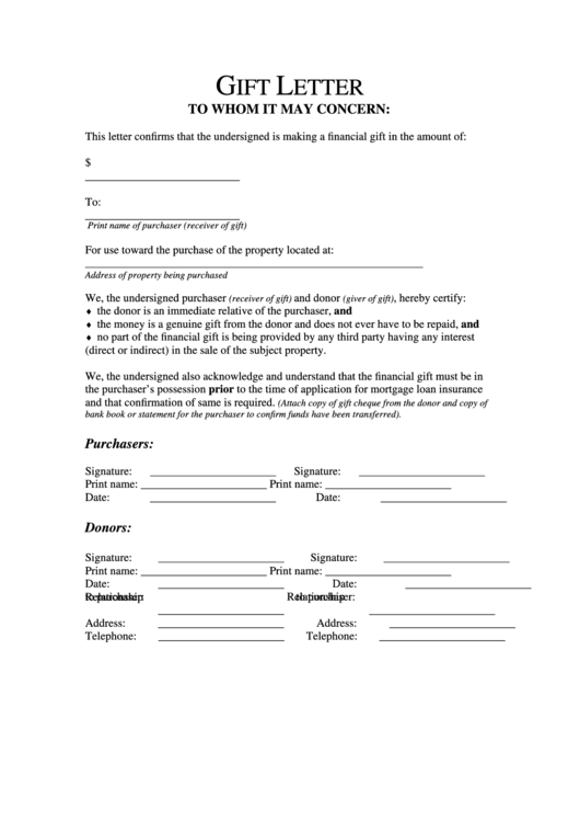Financial Gift Letter Template Printable pdf