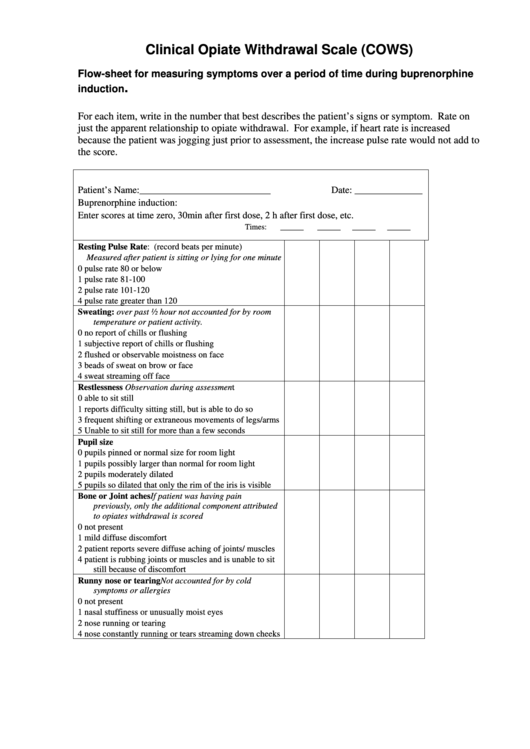 Clinical Opiate Withdrawal Scale (Cows) Printable pdf