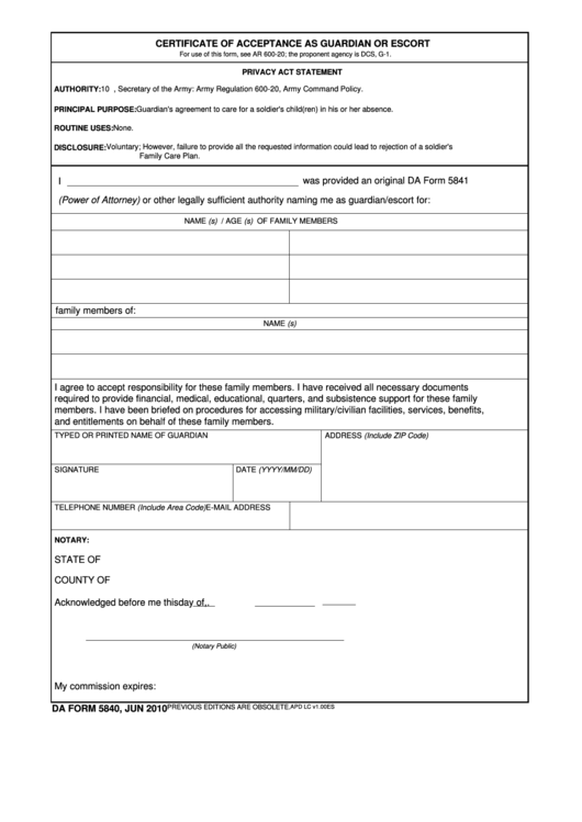Fillable Da Form 5840 - Certificate Of Acceptance As Guardian Or Escort Printable pdf