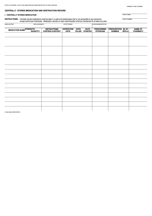 Fillable Form Lic 622 - Centrally Stored Medication And Destruction Record Form Printable pdf