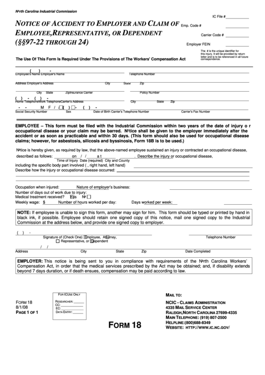 Form 18 - North Carolina Notice Of Accident To Employer