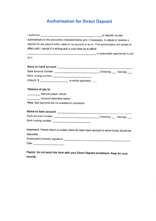 Direct Deposit Authorization(Intuit) Printable pdf