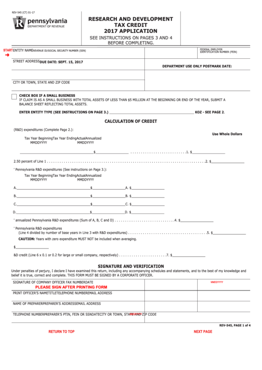 Fillable Form Rev-545 (Ct) - Research And Development Tax Credit Application - 2017 Printable pdf