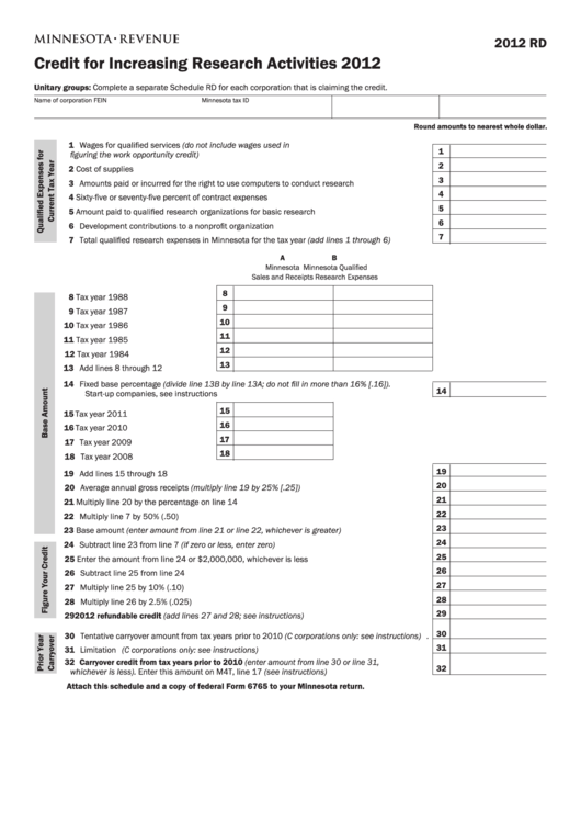 Fillable Attachment For Form 6765 - Credit For Increasing Research Activities 2012 - Schedule Rd - Minnesota Printable pdf