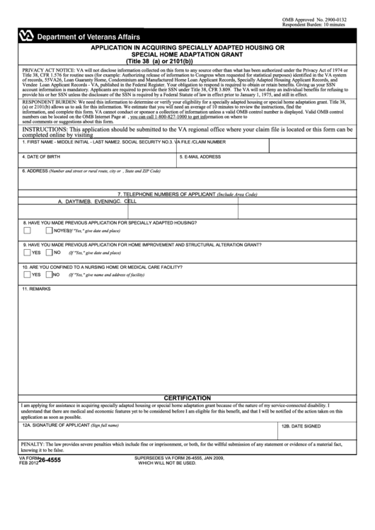 Fillable Application In Acquiring Specially Adapted Housing Printable pdf