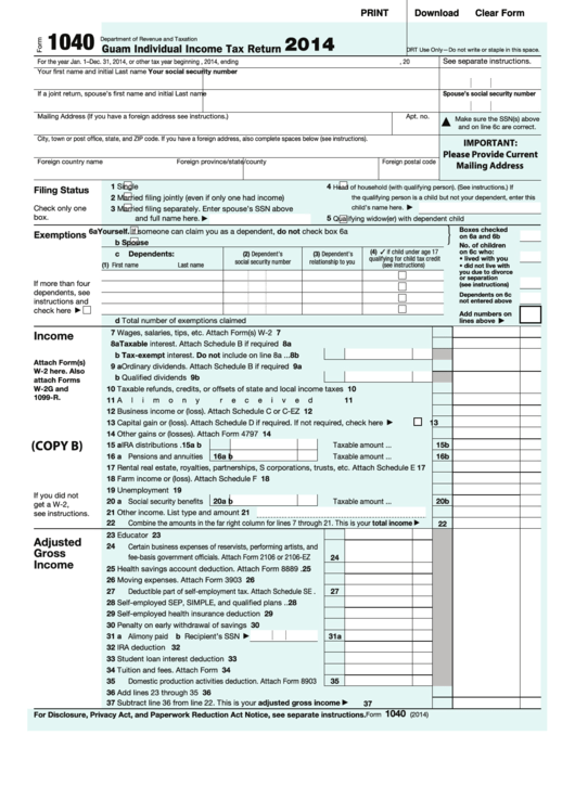 Fillable Form 1040 - Guam Individual Income Tax Return - 2014 Printable pdf