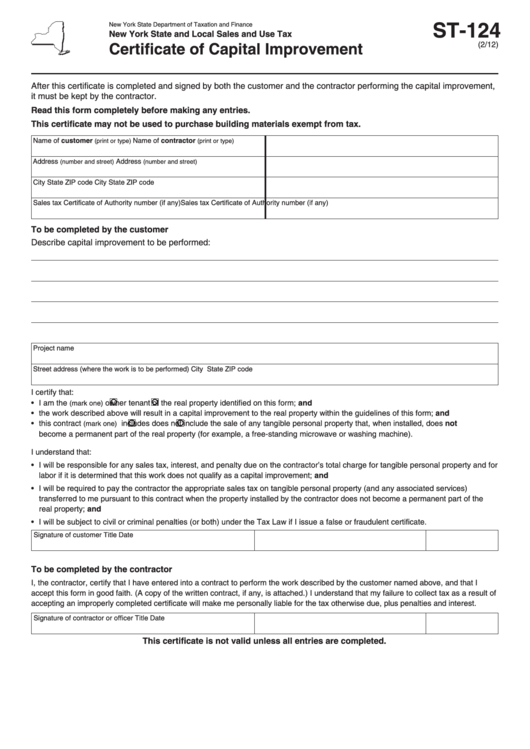 Certificate Of Capital Improvement -St-124 Printable pdf