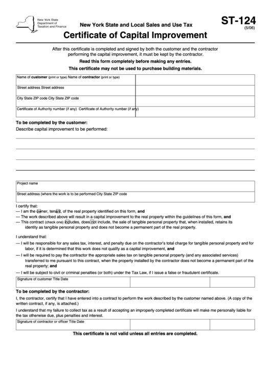 Fillable Form St 124 5 06 Certificate Of Capital Improvement 