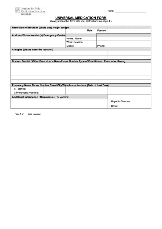 Universal Medication Form Printable pdf