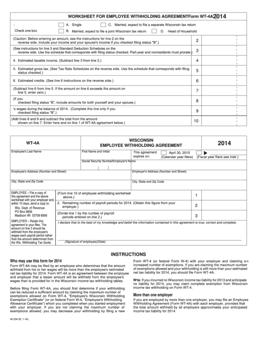 Form Wt-4a Wisconsin Employee Withholding Agreement