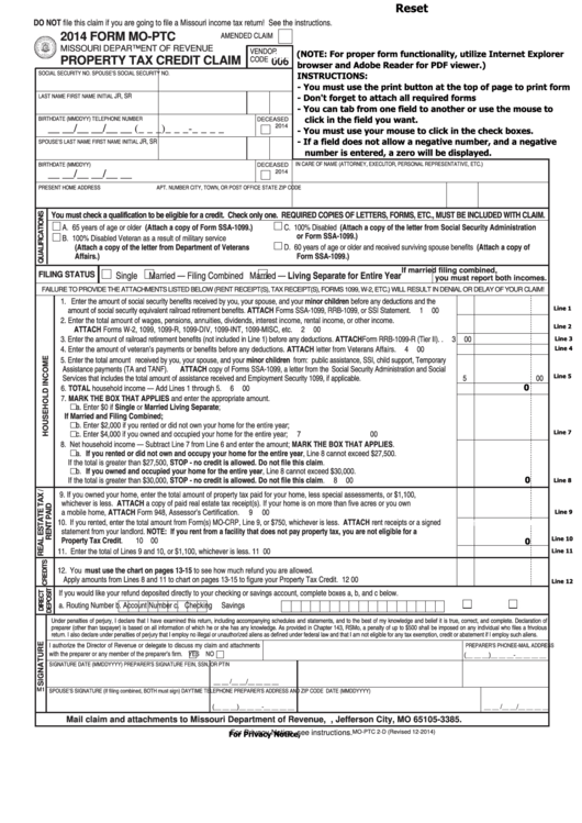 Fillable 2014 Form Mo-Ptc - Property Tax Credit Claim Printable pdf