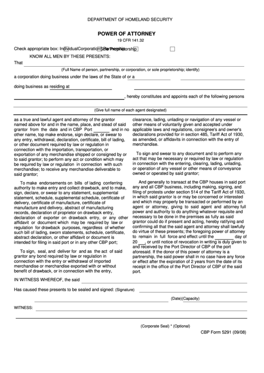 Fillable Power Of Attorney -U.s. Customs And Border Protection Printable pdf