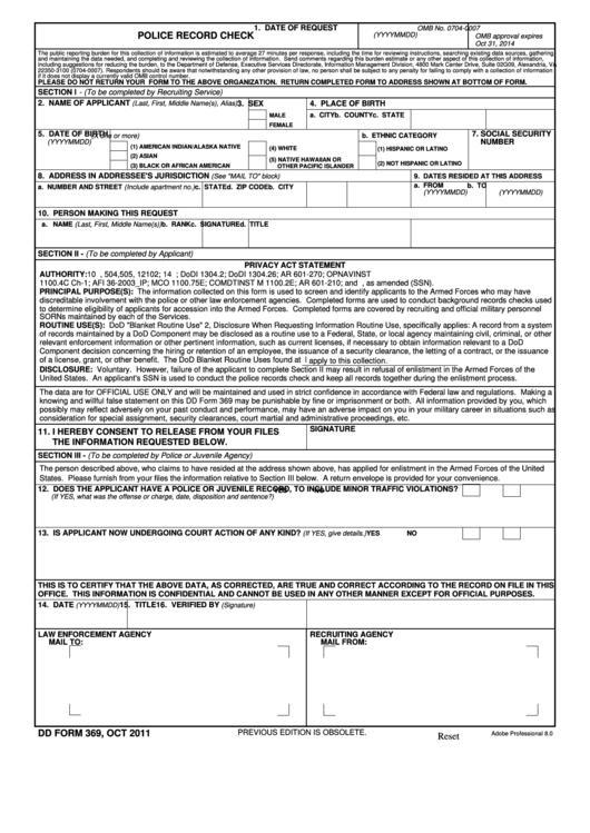 Fillable Dd Form 369, Police Record Check Printable pdf
