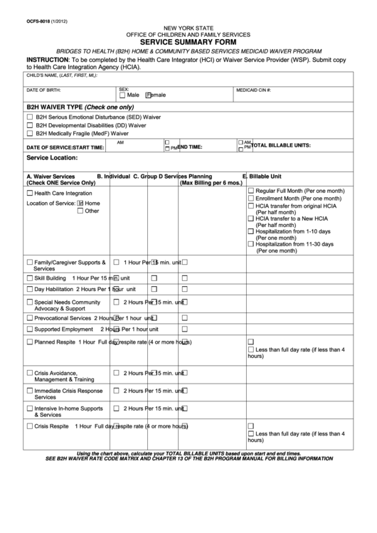 Fillable Service Summary Form - Ocfs - New York State Printable pdf