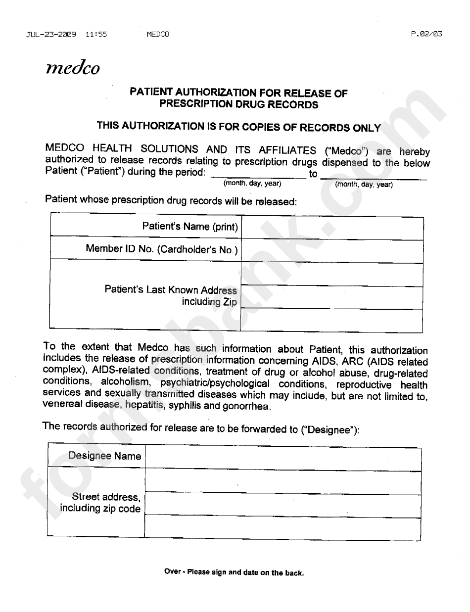 Medco Patient Authorization For Release Of Prescription Drug Records