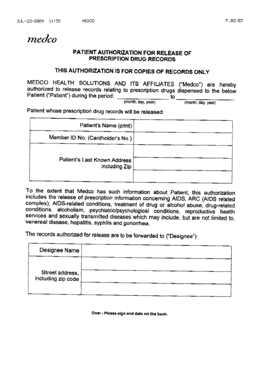 Medco Patient Authorization For Release Of Prescription Drug Records Printable pdf