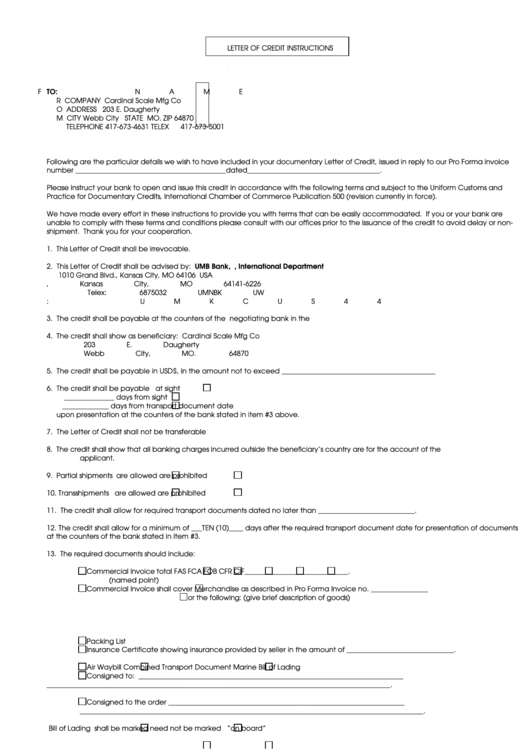 Letter Of Credit Instructions Printable pdf