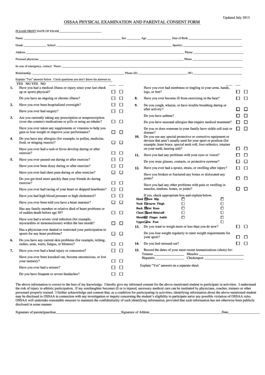 Physical Examination And Parental Consent Form Printable pdf