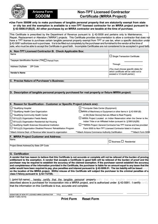 Form 5000m - Non-tpt Licensed Contractor Certificate (mrra Project)