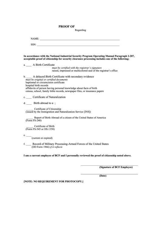 Proof Of Us Citizenship - Bcf Solutions Printable pdf