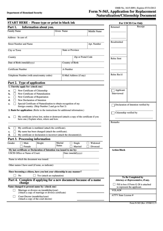 Fillable Form N-565 - Application For Replacement Naturalization/citizenship Document Printable pdf