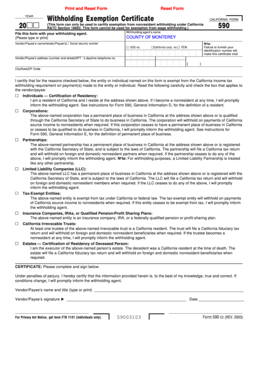 Fillable Form 590 - Withholding Exemption Certificate Template Printable pdf