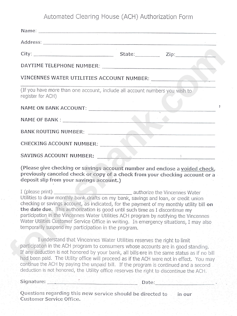 Automated Clearing House (Ach) Authorization Form