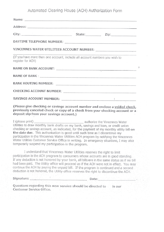Automated Clearing House (Ach) Authorization Form Printable pdf