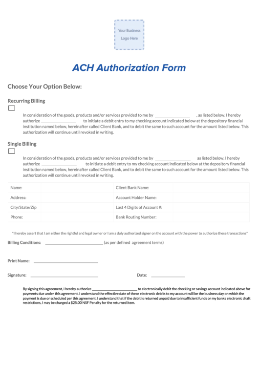 Ach Authorization Form Printable pdf