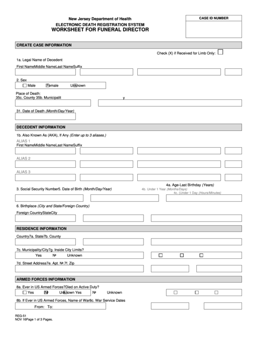 Worksheet For Funeral Director Printable pdf