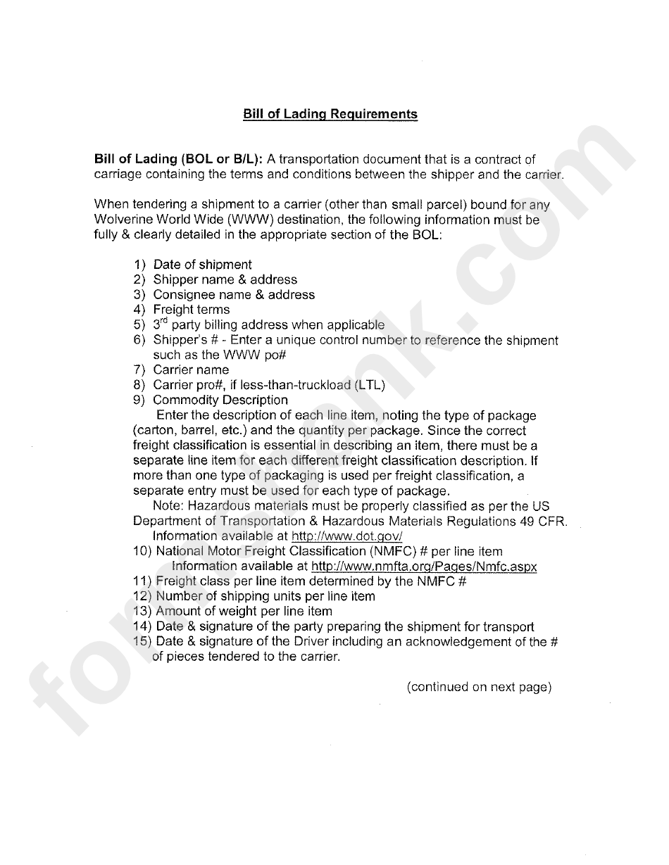 Bill Of Lading Requirements Sample