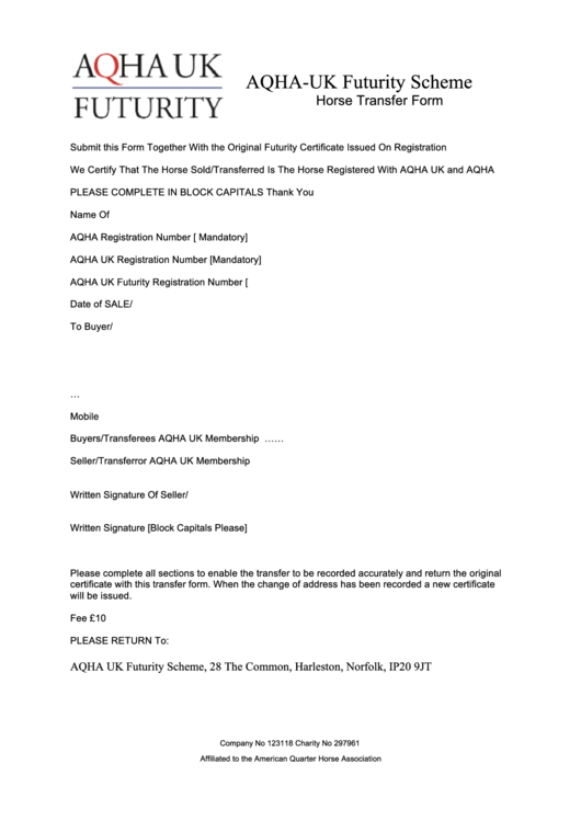 Printable Aqha Transfer Form Printable Forms Free Online