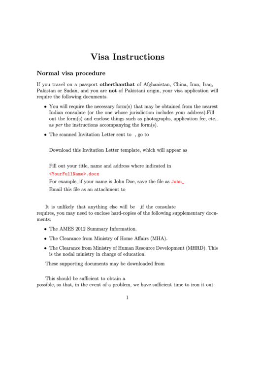 Visa Instructions Printable pdf